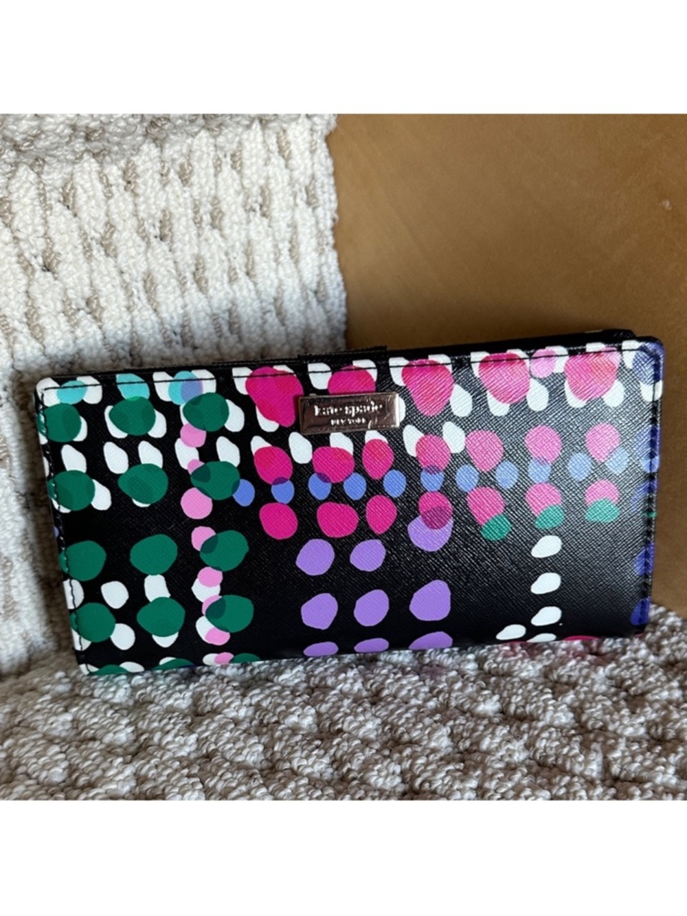 kate spade Black Multicolor Dot Continental Wallet - Pink Green Purple Accents